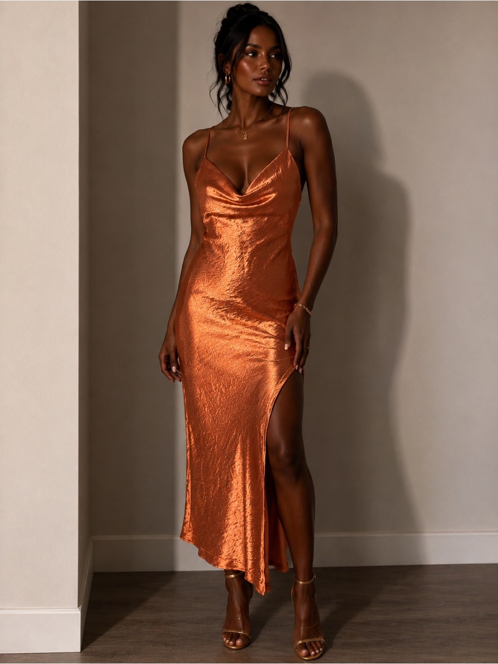 Satin Cowl Neck Dress in a peachy coppery color